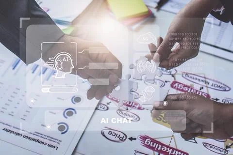 Chatbot Chat with AI, Artificial Intelligence. Business woman using technology 스톡 사진