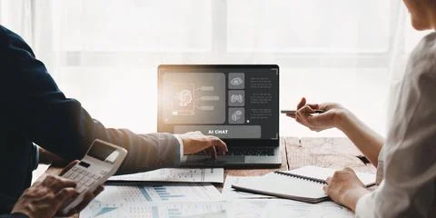 Chatbot Chat with AI, Artificial Intelligence. Business people using technology Stock Photos