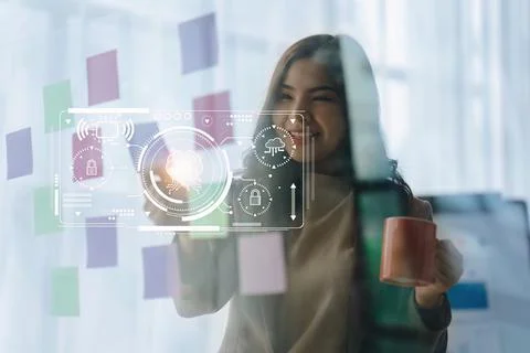 Chatbot Chat with AI, Artificial Intelligence. Business woman using technology Stock Photos