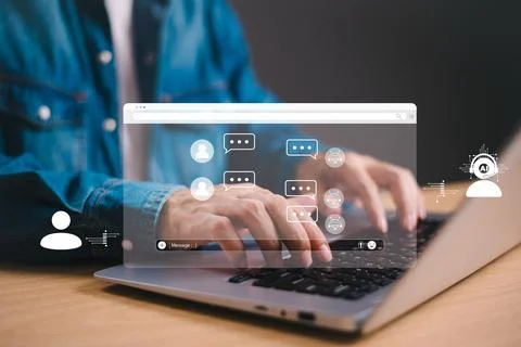 Chatbot chat with human, Artificial Intelligence conversation concept. Man ch Stock Photos