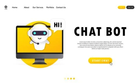Chatbot in computer illustration. Online assistant bot landing page template. Stock Illustration
