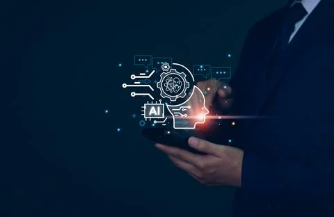 Chatbot concept. AI, Artificial Intelligence. businessman using technology sm Stock Photos