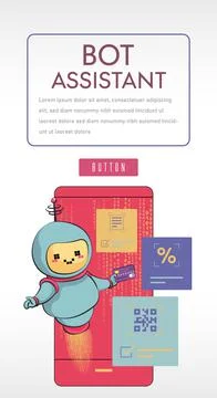 Chatbot concept baner. The bot is holding a credit card. The robot helps to d Stock Illustration