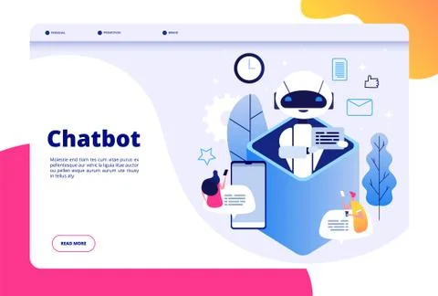 Chatbot concept. Chat with android woman man talking with mobile phone to ai Stock Illustration