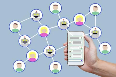 Chatbot concept with instant messenger displayed on smart phone and future .. Stock Photos