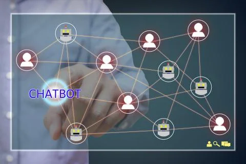 Chatbot concept. Man pointting chatbot text and network link on screen. Stock Photos
