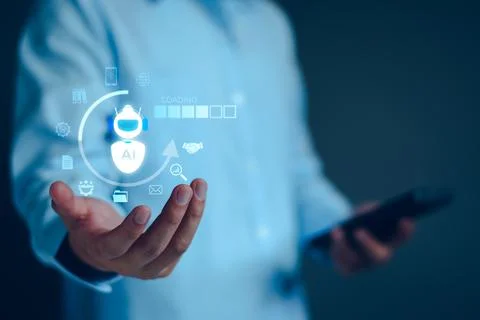 Chatbot concept. open AI, Artificial Intelligence. businessman using techno.. Stock Photos