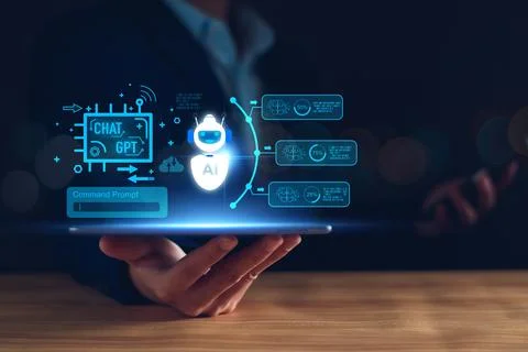 Chatbot concept. open AI, Artificial Intelligence. businessman using techno.. Stock Photos