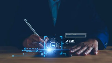 Chatbot concept. open AI, Artificial Intelligence. businessman using techno.. Stock Photos