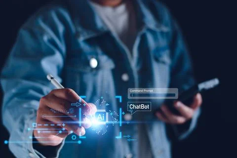 Chatbot concept. open AI, Artificial Intelligence. businessman using technolo Stock Photos