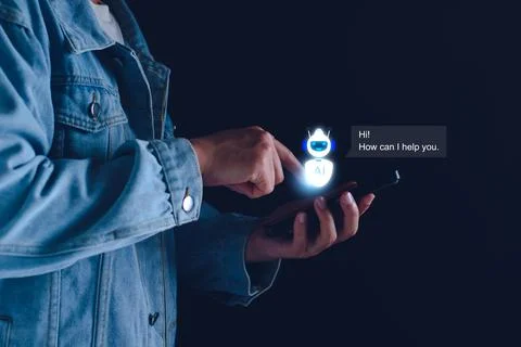 Chatbot concept. open AI, Artificial Intelligence. businessman using technolo Stock Photos