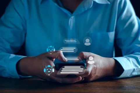 Chatbot concept. open AI, Artificial Intelligence. businessman using technolo Stock Photos