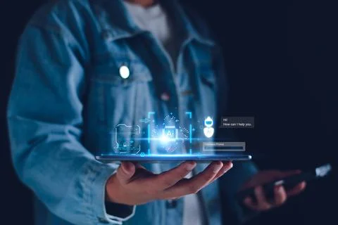 Chatbot concept. open AI, Artificial Intelligence. businessman using technolo Stock Photos