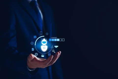 Chatbot concept. open AI, Artificial Intelligence. businessman using technolo Stock Photos
