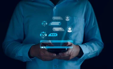 Chatbot concept. open AI, Artificial Intelligence. businessman using technolo Stock Photos