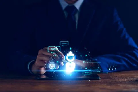 Chatbot concept. open AI, Artificial Intelligence. businessman using technolo Stock Photos