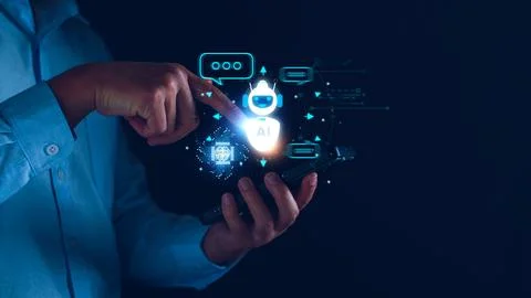 Chatbot concept. open AI, Artificial Intelligence. businessman using technolo Stock Photos