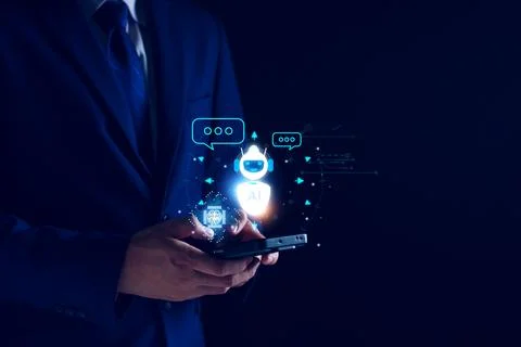 Chatbot concept. open AI, Artificial Intelligence. businessman using technolo Stock Photos