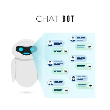 Chatbot concept. Robot projects a screen with messages from users and leads d Stock Illustration
