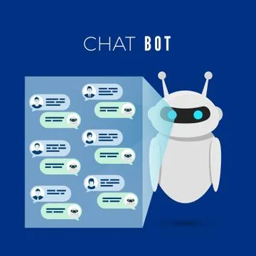 Chatbot concept. Robot projects a screen with messages from users and leads d Stock Illustration