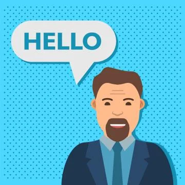Chatbot concept. Speech bubble businessman speaks hello. Illustrazione stock