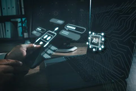 Chatbot conversation and artificial intelligence concept, with a hand holdi.. Stock Photos