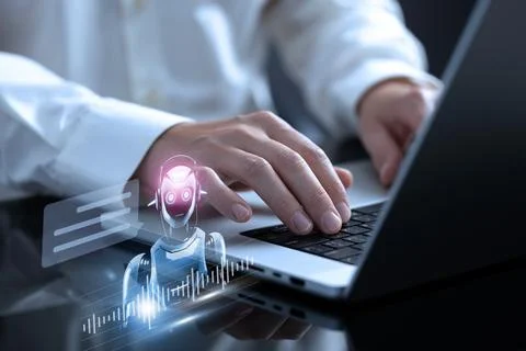 Chatbot conversation assistant. Person using online customer service 写真素材