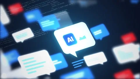 Chatbot conversation concept with a glowing white bot message bubble and typing 動画素材 344553331