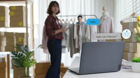 Chatbot conversation on laptop screen app interface 스톡 동영상 151494983