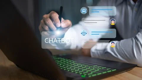 Chatbot conversation. Person using online customer service with chat bot to.. Stock Photos