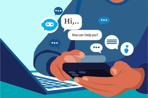 Chatbot Conversation on Smartphone – AI Messaging Vector Illustration with Lapto Stock Illustration