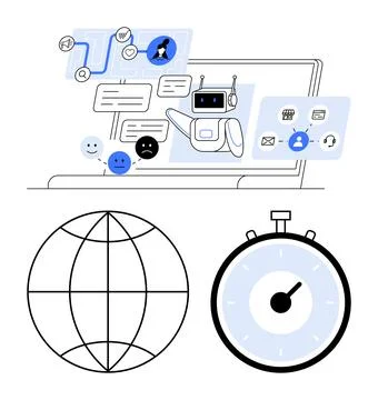 Chatbot Conversing on Laptop with Global Connectivity and Time Management I.. Illustrazione stock