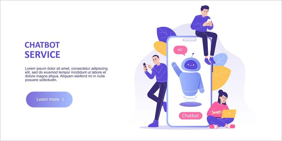 Chatbot customer service support concept. People talking with chatbot robot i Stock Illustration