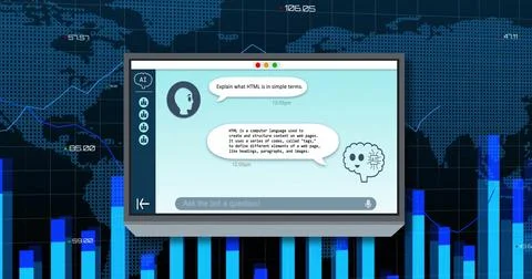 Chatbot explaining HTML on digital screen with world map and data charts Stock Photos
