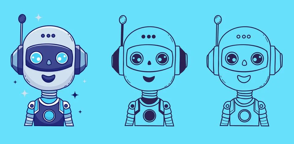 Chatbot Face, Assistant AI robot character set. Vector Outline and color ha.. Stock Illustration