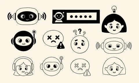 Chatbot, faces and Human Emotion Icons for AI Interface. Vector icon set sh.. Ilustração Stock