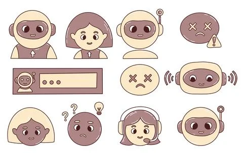 Chatbot, faces, virtual assistant and Human Emotion Icons for AI Interface... Ilustração Stock