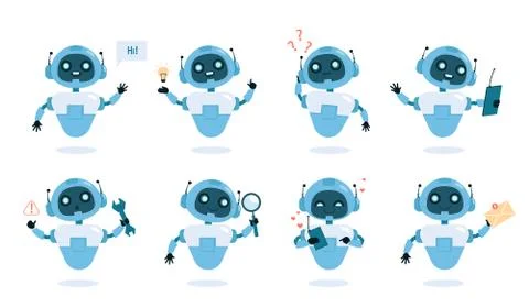 Chatbot functions and abilities flat vector illustrations set Stock Illustration