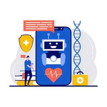 Chatbot healthcare use, artificial intelligence caregiver, anonymous consul.. Stock Illustration