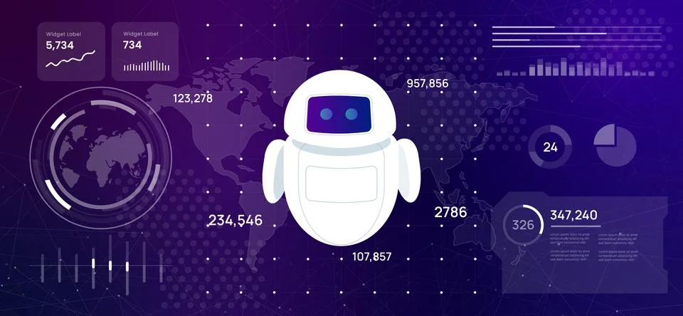 Chatbot high-tech dashboard displaying world map friendly robot assistant Stock Illustration