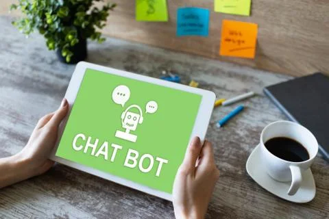 Chatbot icon on device screen. Customer Support automation concept. Stock Photos