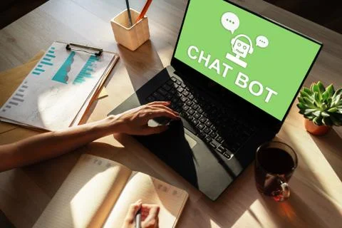 Chatbot icon on device screen. Customer Support automation concept. Stock Photos