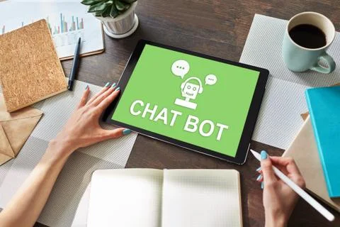 Chatbot icon on device screen. Customer Support automation concept. Stock Photos
