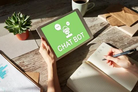 Chatbot icon on device screen. Customer Support automation concept. Stock Photos