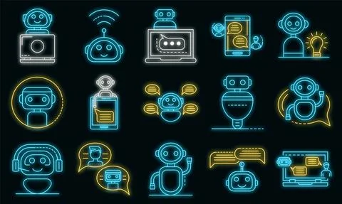 Chatbot icons set vector neon Stock Illustration