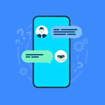 Chatbot illustration. Smartphone with user and robot chatting on screen. Vect Stock Illustration