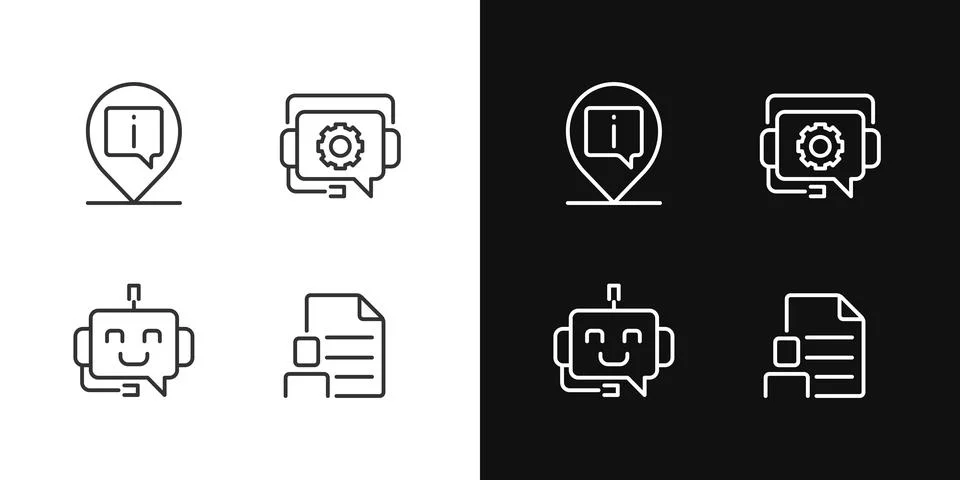 Chatbot info help pixel perfect linear icons set for dark, light mode Stock Illustration