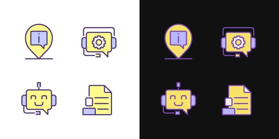 Chatbot info help pixel perfect light and dark theme color icons set Stock Illustration