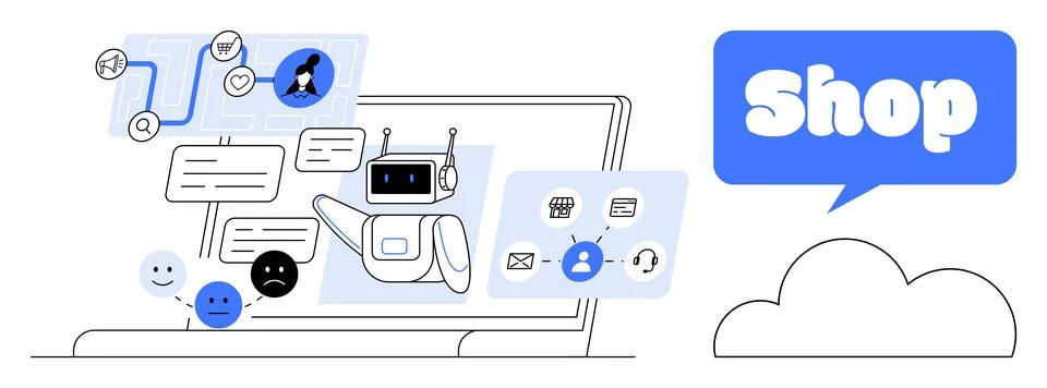 A chatbot interacts with different user feedback and shopping-related icons o 스톡 일러스트