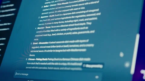 Chatbot Interface Displaying a Generated List of International Food Dishes Video stock 331164494